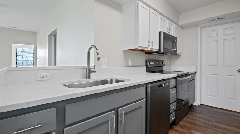 Modern kitchen with quartz countertops and single basin sink